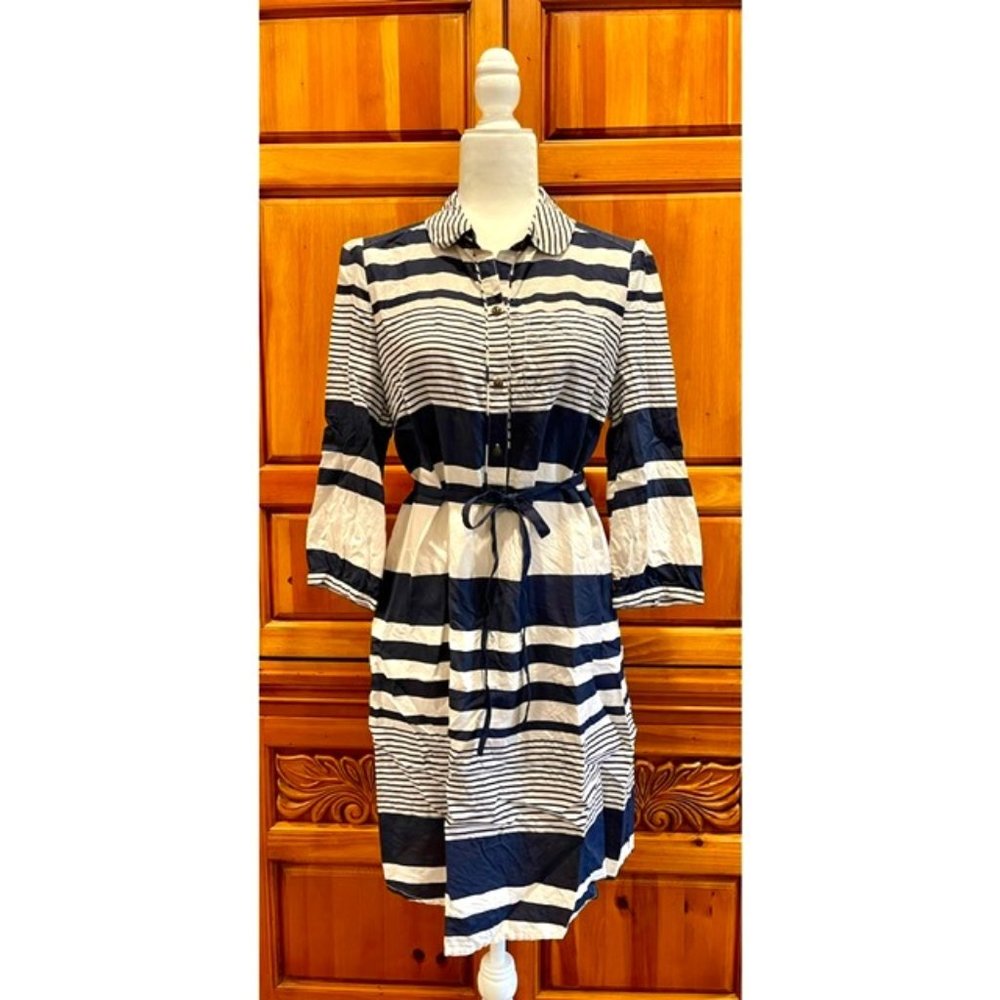 Lands' End Mixed Stripe Shirt Dress - Nvy/Crm - Size 10